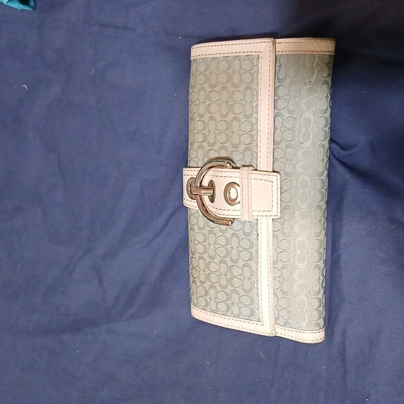 Coach Womens Wallet Light Blue Signature Tri-Fold Leather Canvas Buckle - Picture 2 of 7